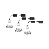 Three white LED recessed spotlights with silver aluminum frame and black cable for modern lighting