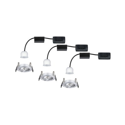 Three white LED recessed spotlights with silver aluminum frame and black cable for modern lighting