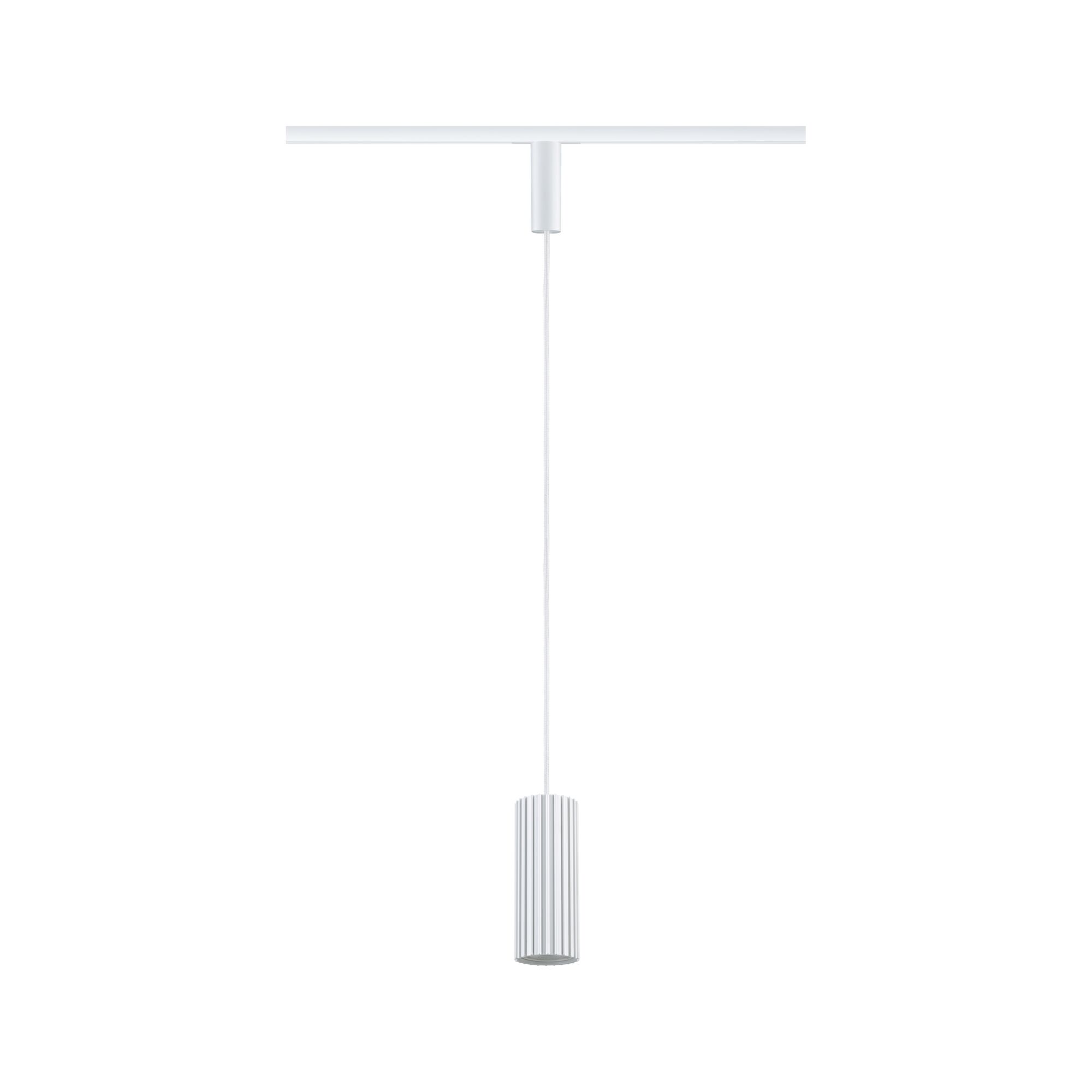 Modern white aluminium pendant light with ribbed cylinder and track system for accent lighting