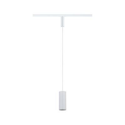 Modern white aluminium pendant light with ribbed cylinder and track system for accent lighting