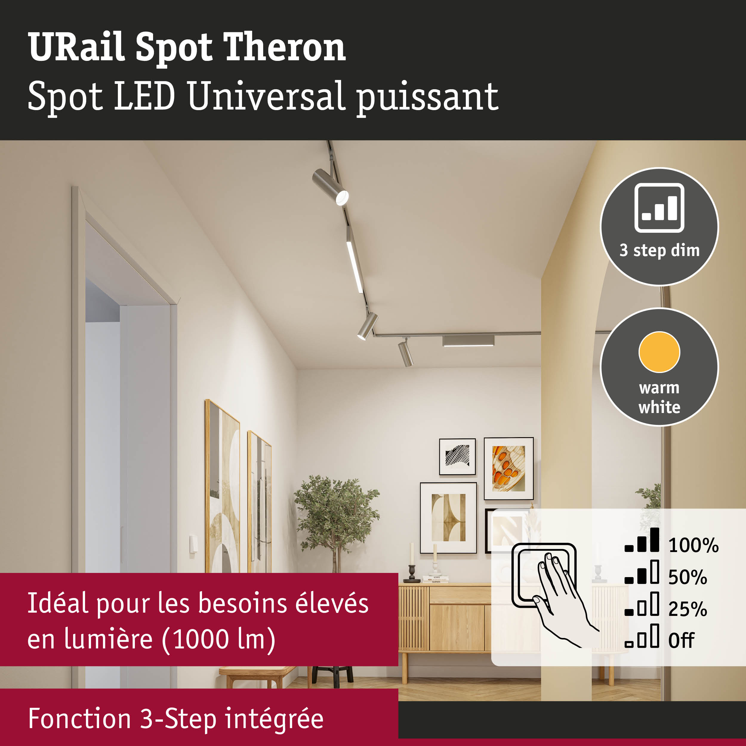 Spot LED URail Theron argent avec fonction 3 étapes et lumière blanc chaud pour éclairage intérieur