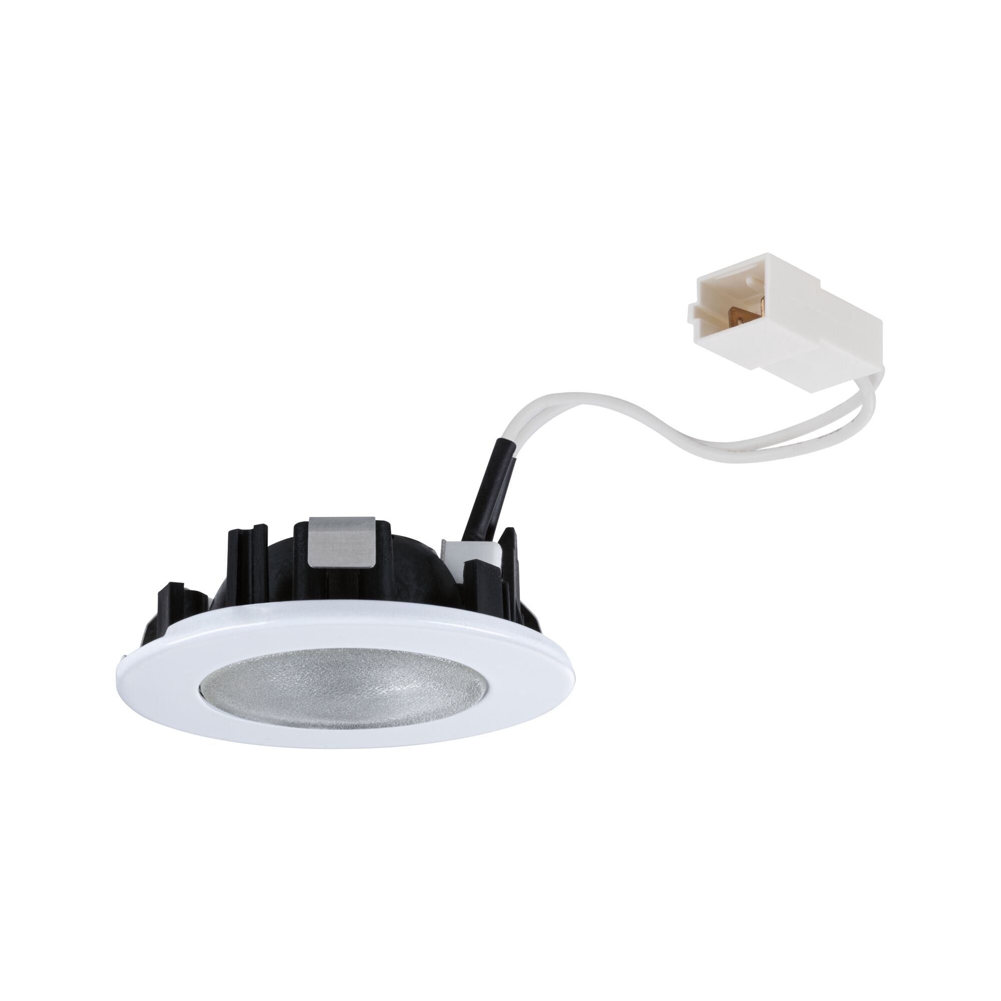 Rundes LED-Einbauleuchte in Weiß mit schwarzem Gehäuse und weißem Kabel für moderne Beleuchtung