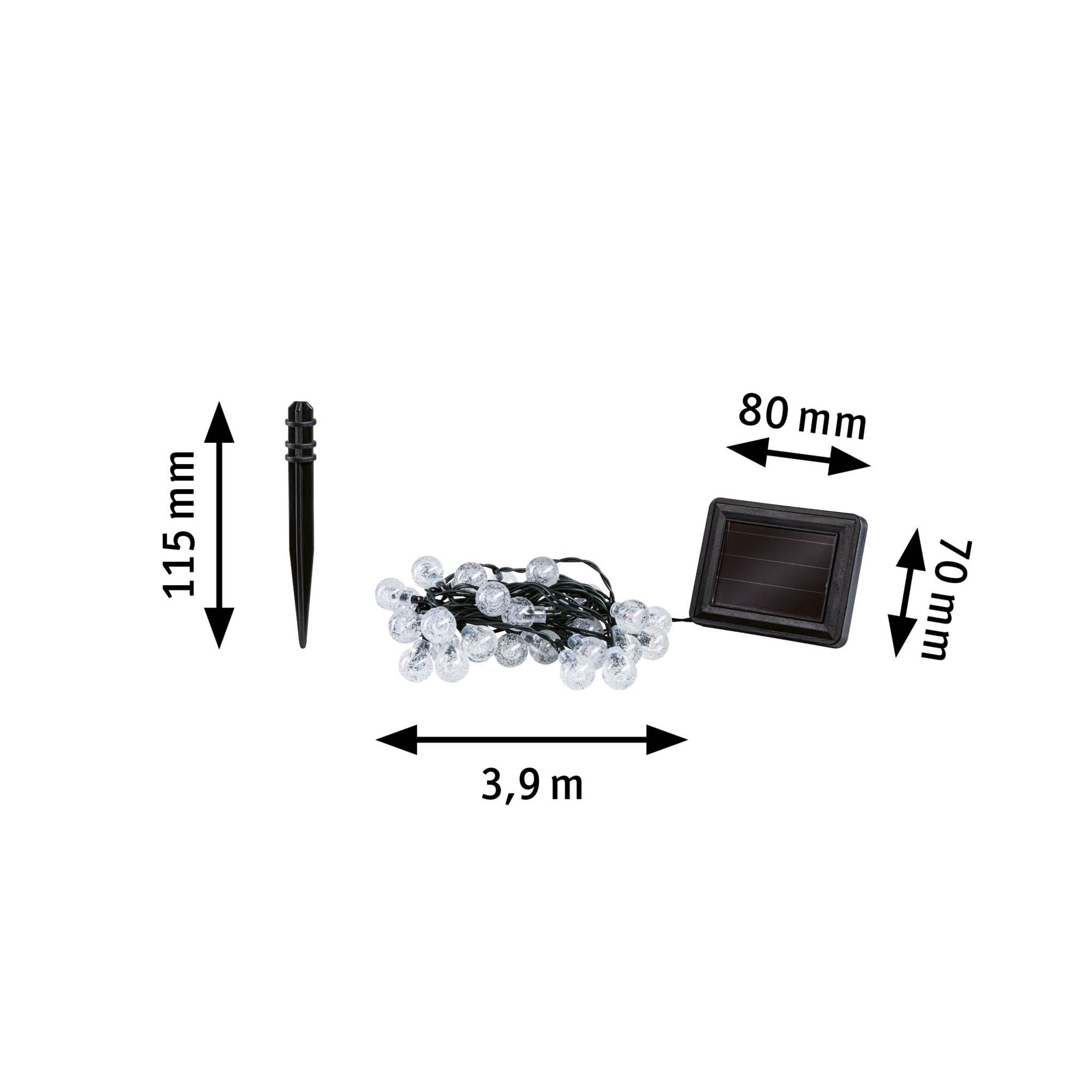Solar-powered LED string lights 3.9 m long with clear bulbs, black solar panel and ground stake included