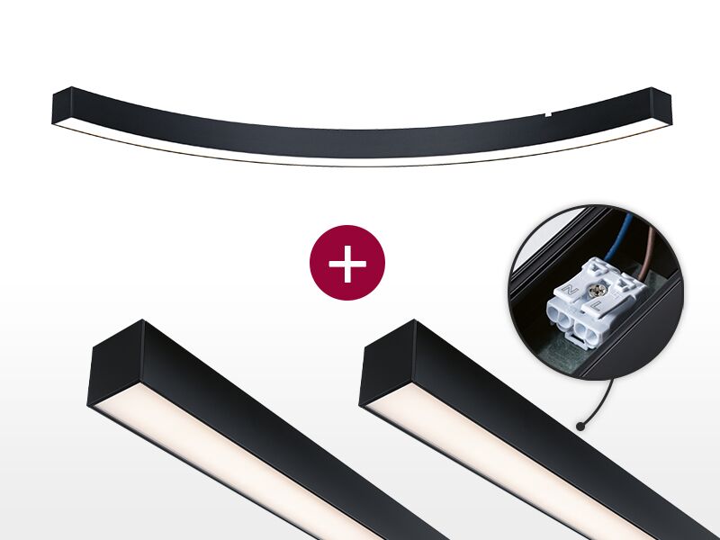 Black LED light strip set with curved and straight designs, energy-efficient indoor lighting solution.