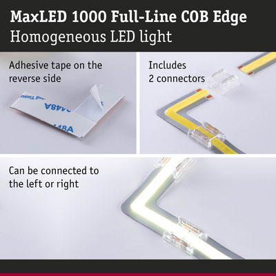 MaxLED 1000 COB LED strip with adhesive tape and two clear connectors for versatile lighting solutions