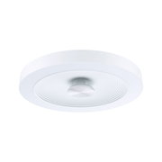 Round white ceiling light with concentric grooves and silver metal center for modern home lighting
