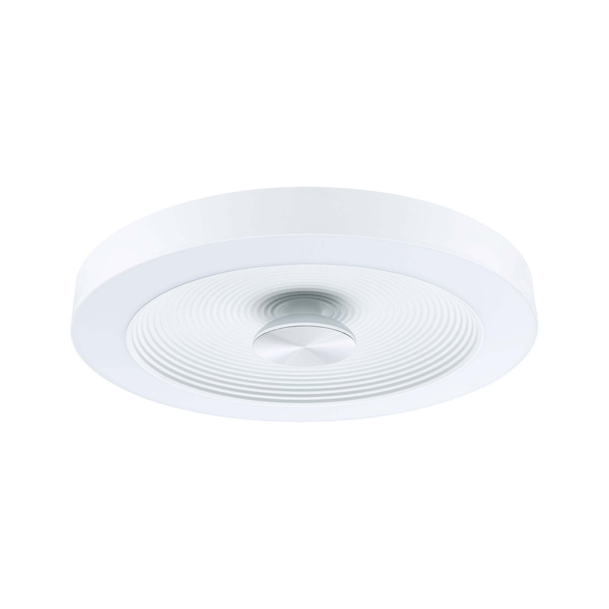 Round white ceiling light with concentric grooves and silver metal center for modern home lighting