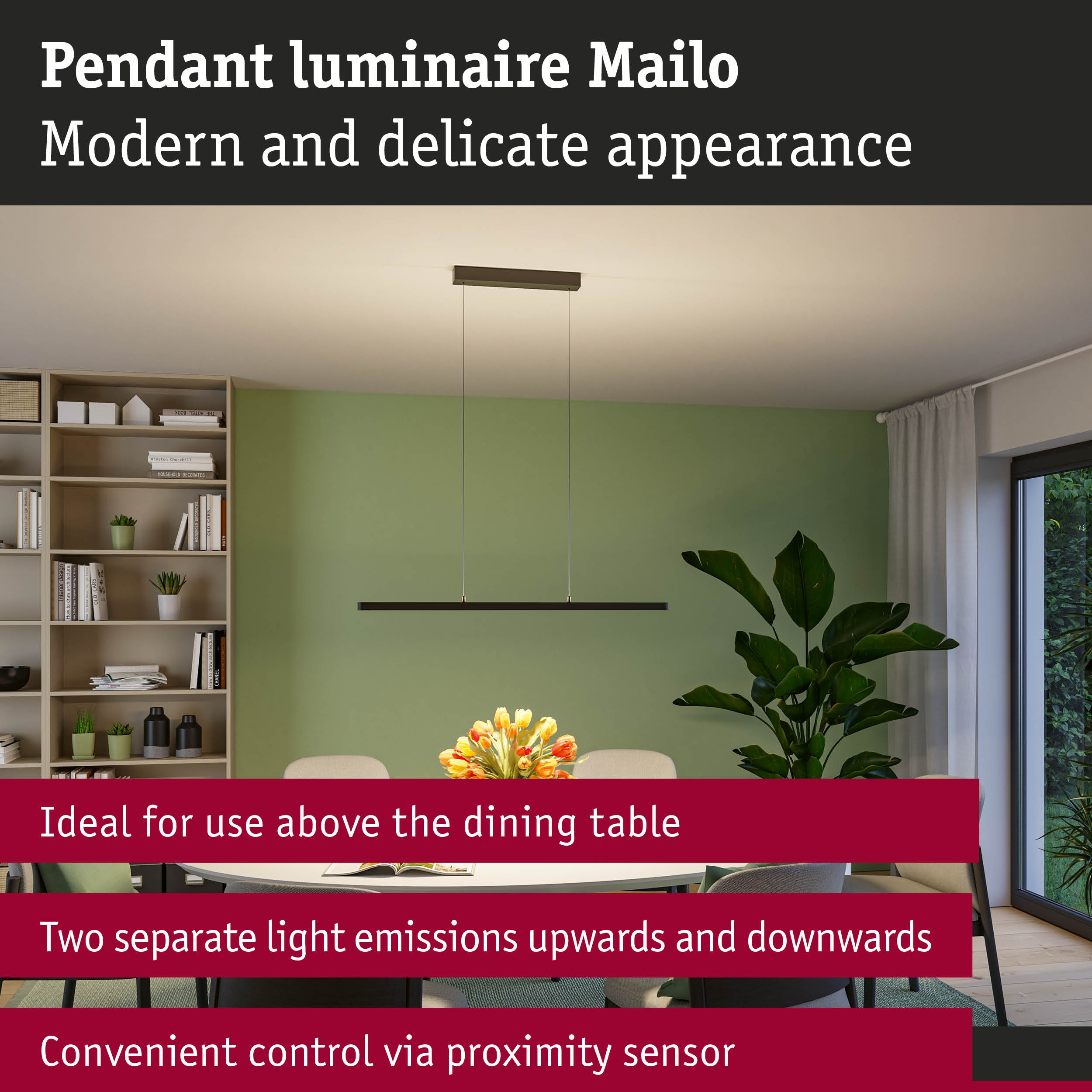 Modern black Mailo pendant light with dual light emissions and proximity sensor above dining table