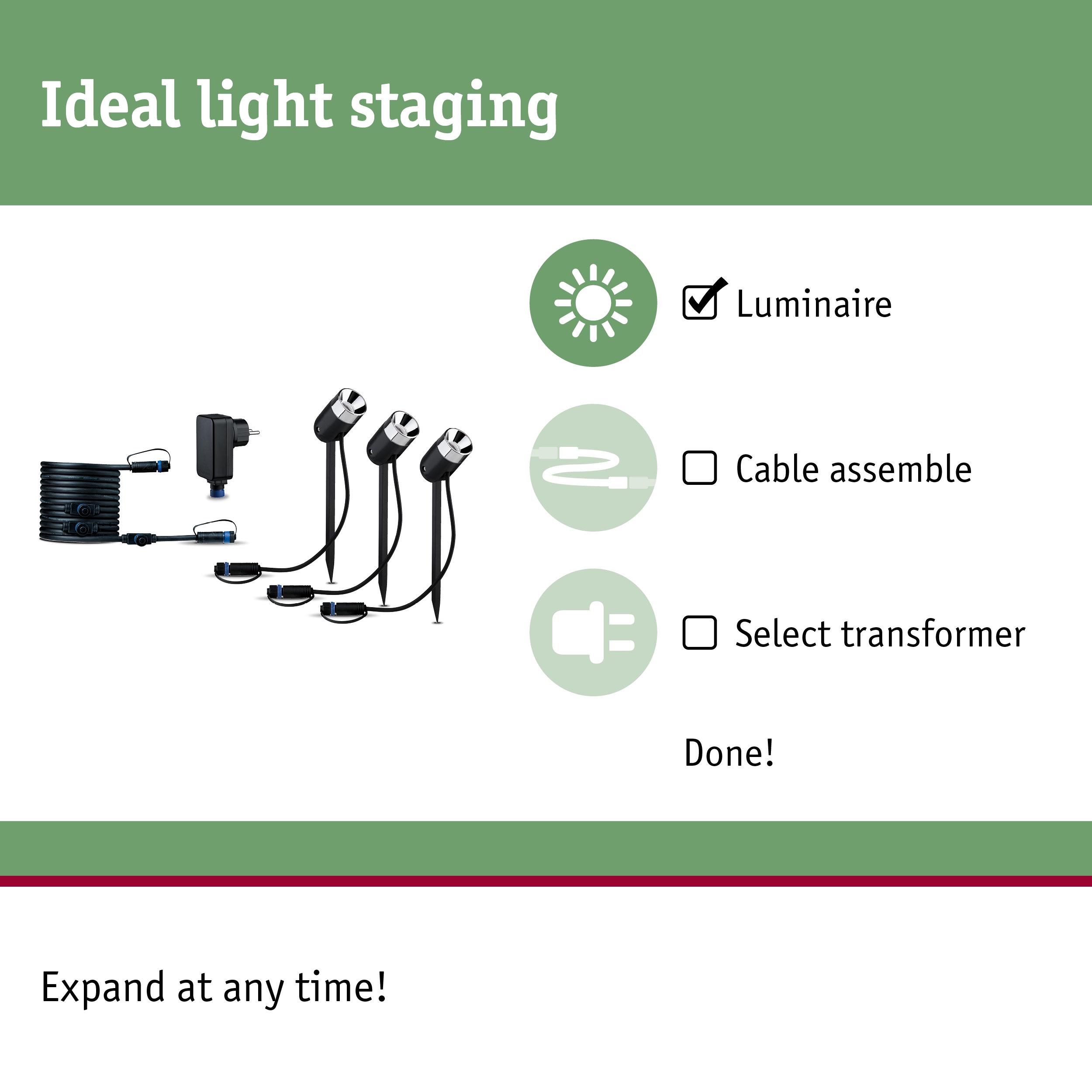Black LED garden spotlight with ground stake and cable for outdoor lighting, ideal for light staging