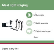 Black LED outdoor spotlight set with cable and transformer for garden lighting and light staging