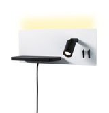 Modern wall reading light with black LED spotlight and shelf in white and black for bedroom.