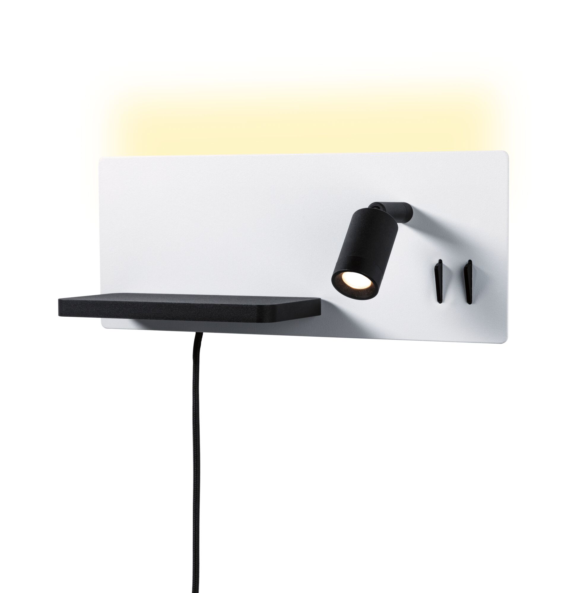 Modern wall reading light with black LED spotlight and shelf in white and black for bedroom.