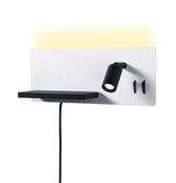 Applique murale moderne avec spot LED noir et étagère blanche et noire pour chambre à coucher.