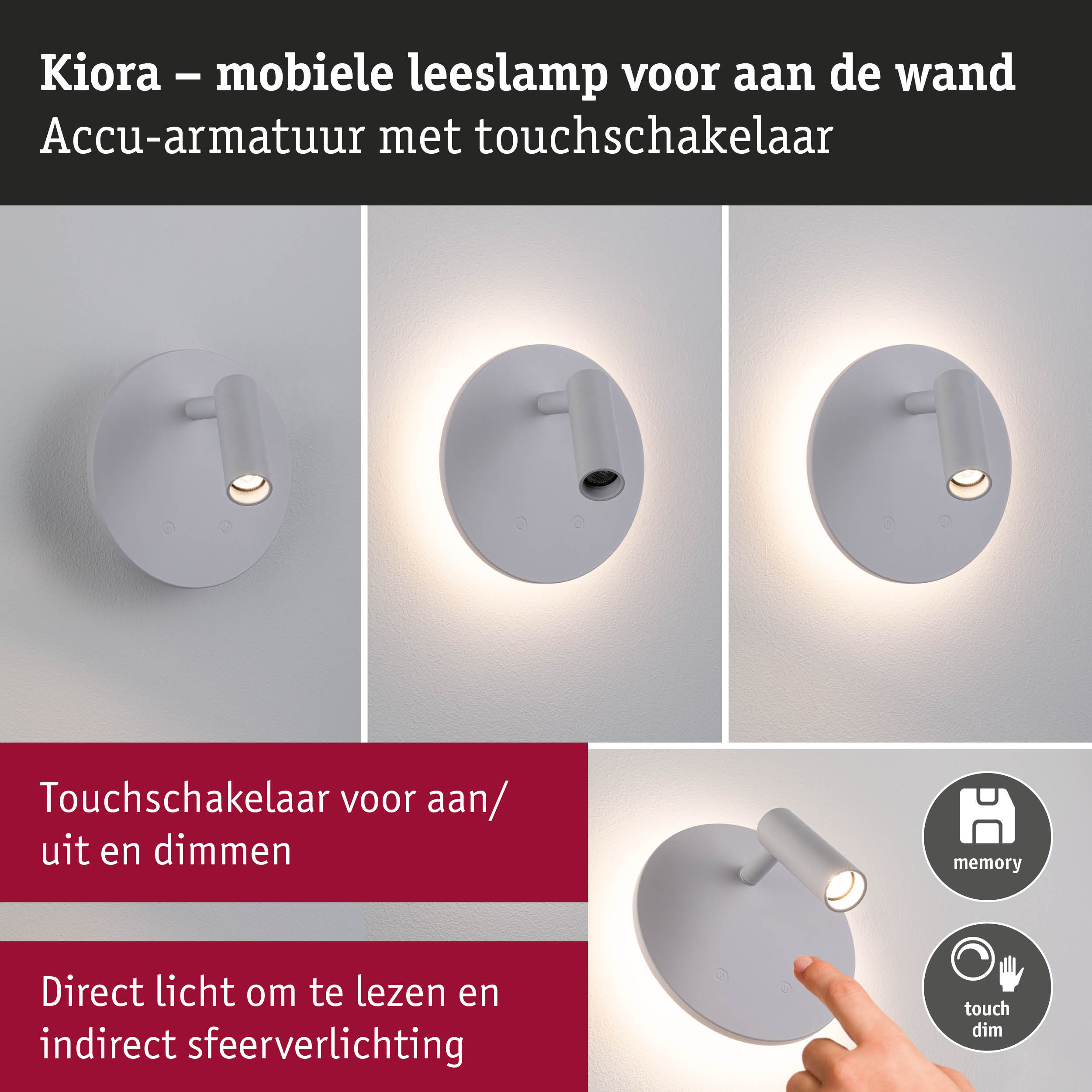 Witte Kiora accu-wandlamp met touchschakelaar voor direct lezen en sfeerverlichting