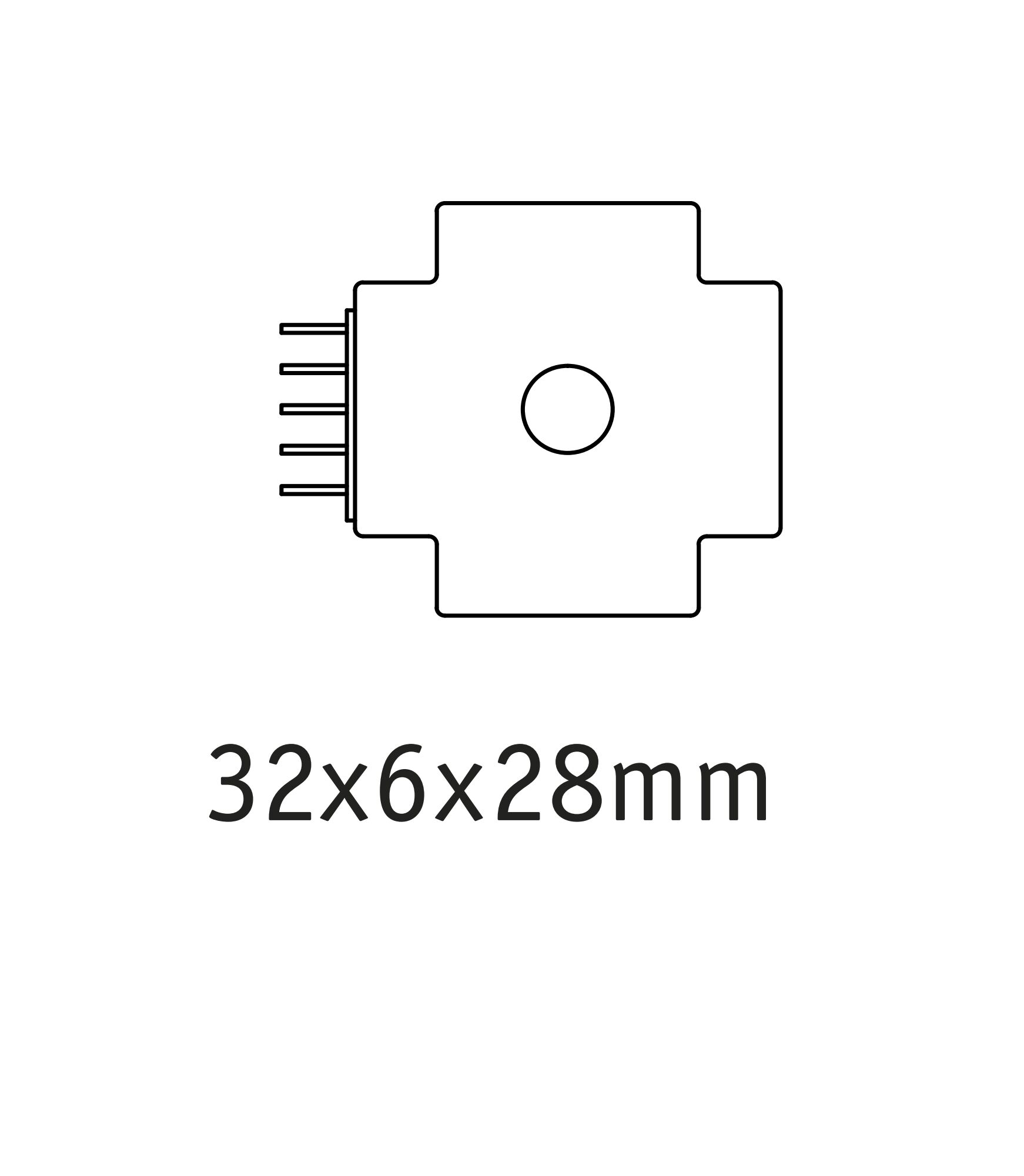 Teknisk tegning af elektrisk komponent på 32x6x28 mm til LED-belysning