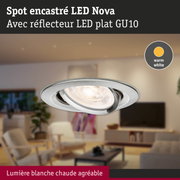 Spot encastré LED Nova en métal brossé avec lumière blanc chaud et douille GU10