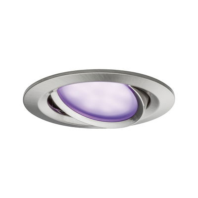 Round brushed stainless steel spotlight with purple light, dimmable and adjustable for living spaces