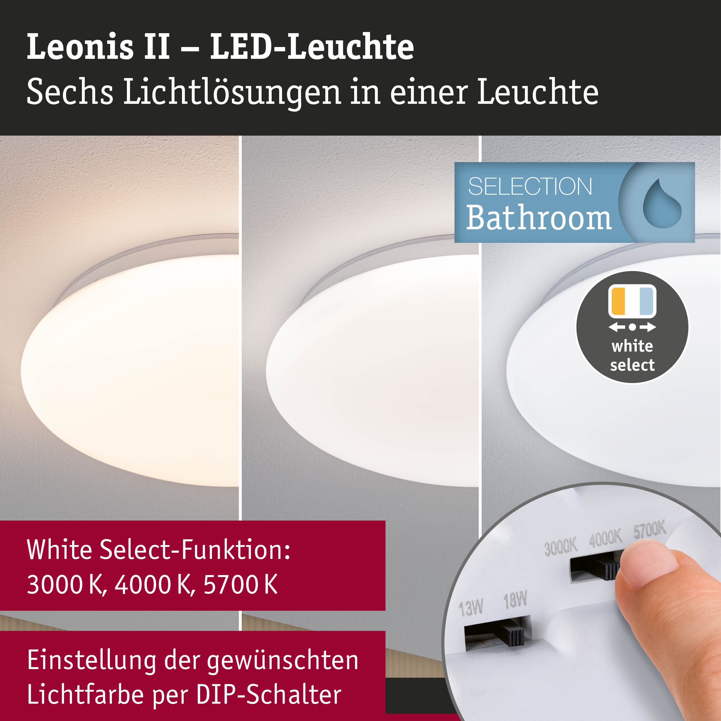 Leonis II LED-Deckenleuchte mit einstellbarer Lichtfarbe 3000K bis 5700K für Badezimmer