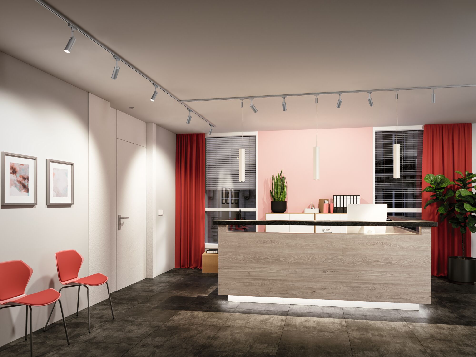 Modern office with grey floor, red chairs, wooden reception desk and white ceiling spotlights for accent lighting