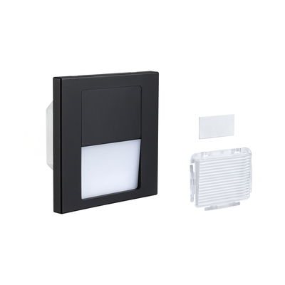 Schwarze LED-Wandeinbauleuchte mit weißem Diffusor und transparentem Zubehör für Innenbeleuchtung