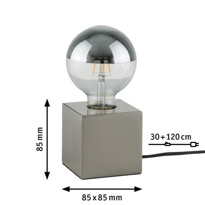 Lampe de table moderne avec base carrée en acier inoxydable et ampoule LED mi-miroir, design compact.