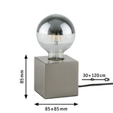 Moderne Tischleuchte mit quadratischem Metallfuß in Edelstahl und halbdurchsichtiger Glühbirne, LED-Lampe.