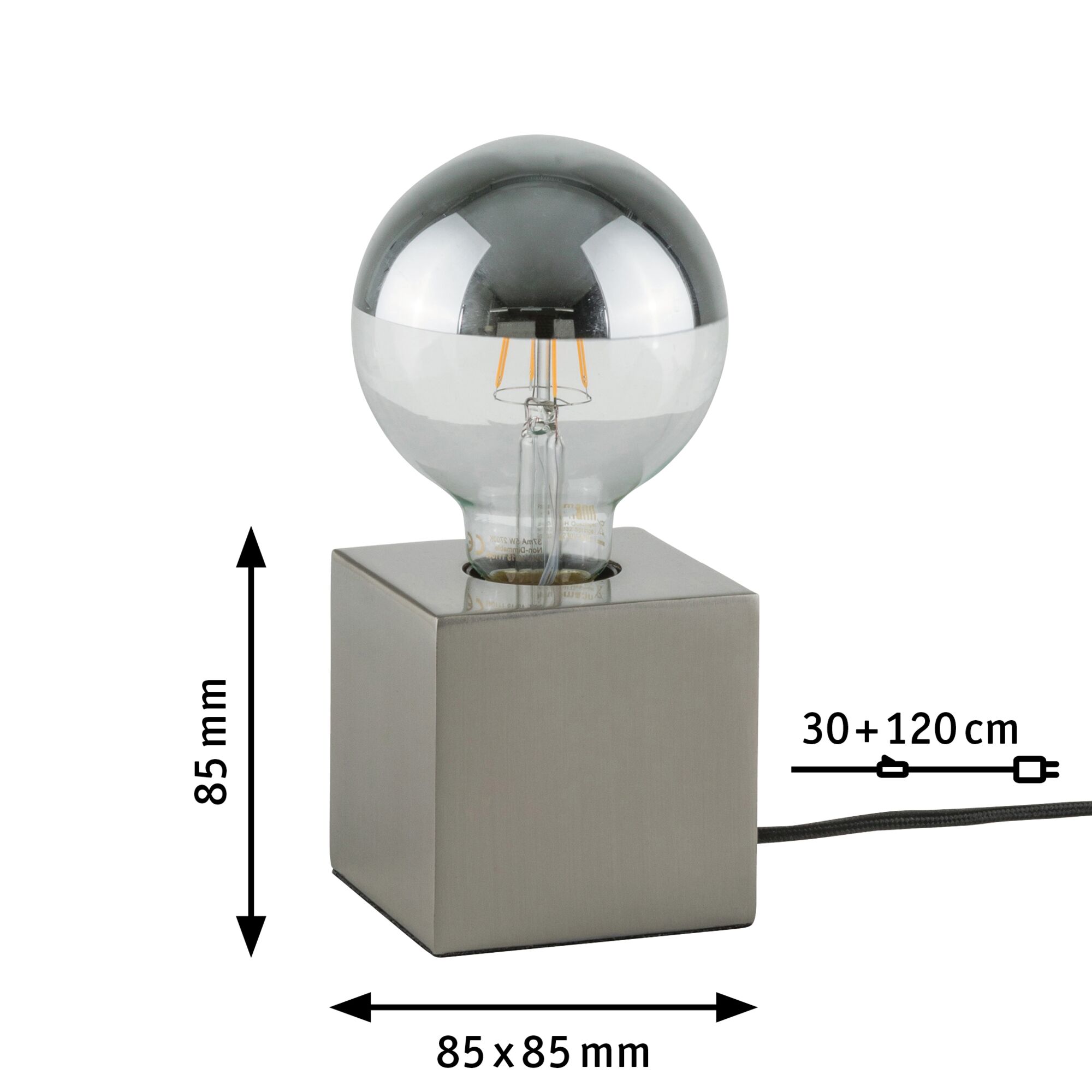 Moderne Tischleuchte mit quadratischem Metallfuß in Edelstahl und halbdurchsichtiger Glühbirne, LED-Lampe.