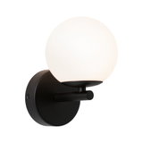 Modern wall light with black metal base and white glass globe for stylish indoor lighting