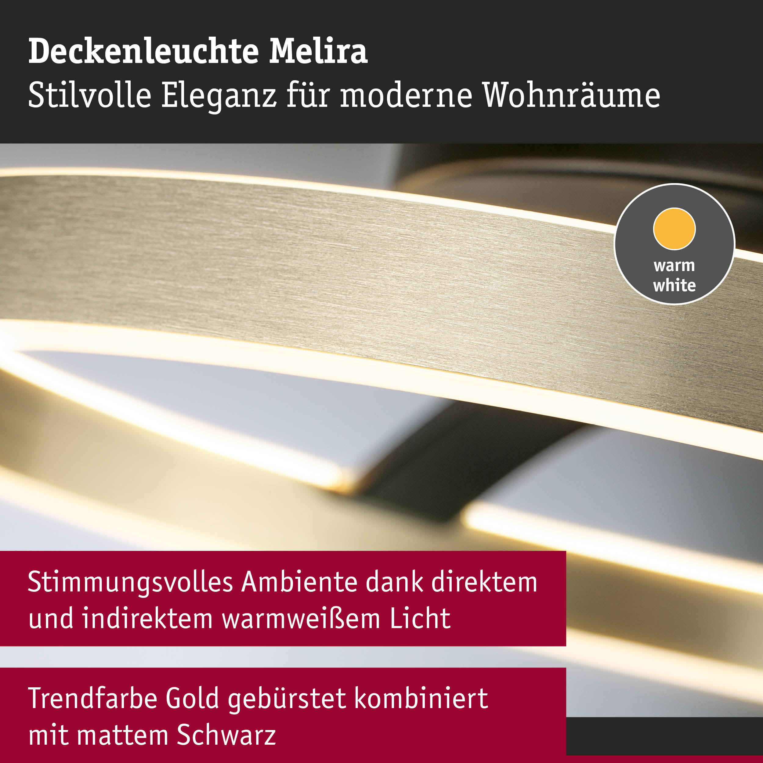 Deckenleuchte Melira in gebürstetem Gold mit mattem Schwarz und warmweißem Licht für moderne Räume
