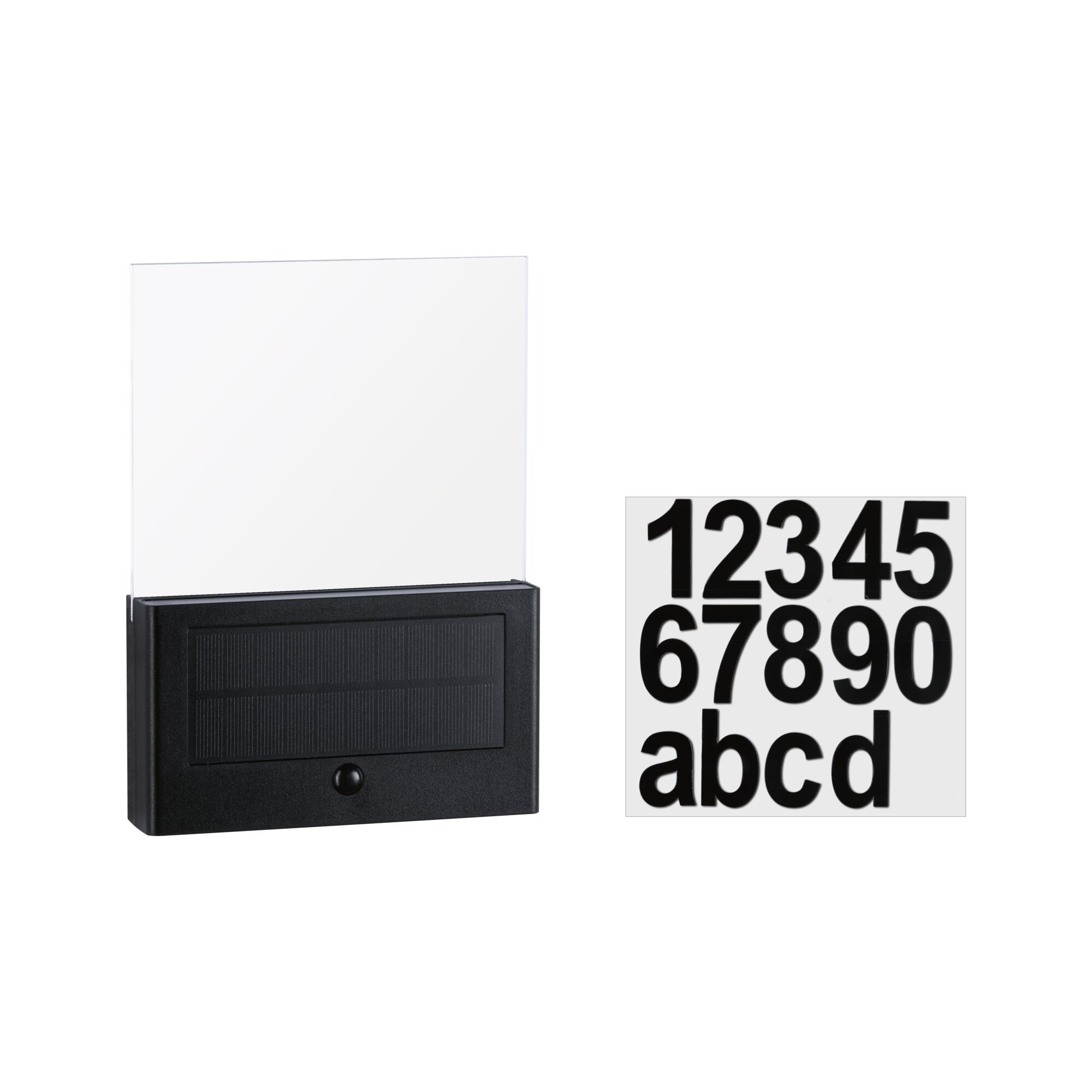 Lumière solaire noire avec panneau acrylique transparent et autocollants chiffres et lettres noirs pour numéros.