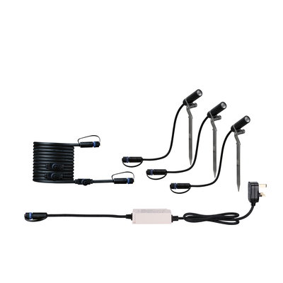 Black LED garden spotlight set with ground stakes and cables for outdoor lighting and garden illumination