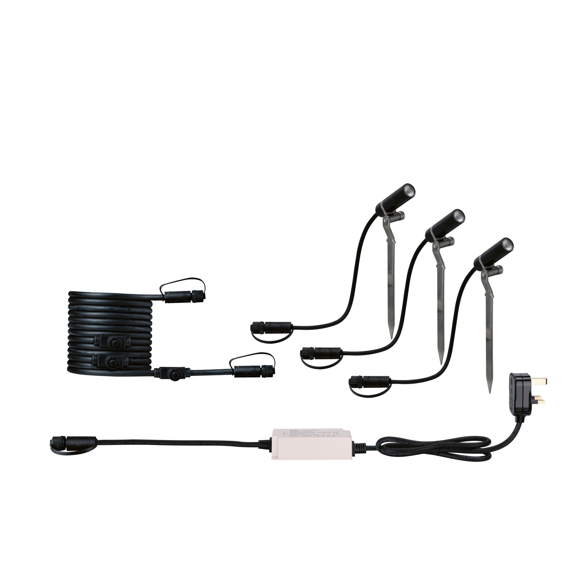 Black LED garden spotlight set with stakes and cable for outdoor lighting and garden illumination