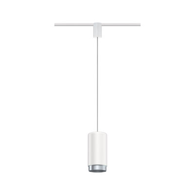 Modern white aluminum pendant light with silver edge for track systems, LED compatible