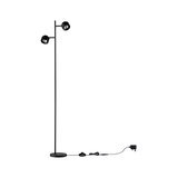Black metal floor lamp with two adjustable spotlights and built-in dimmer for living room lighting