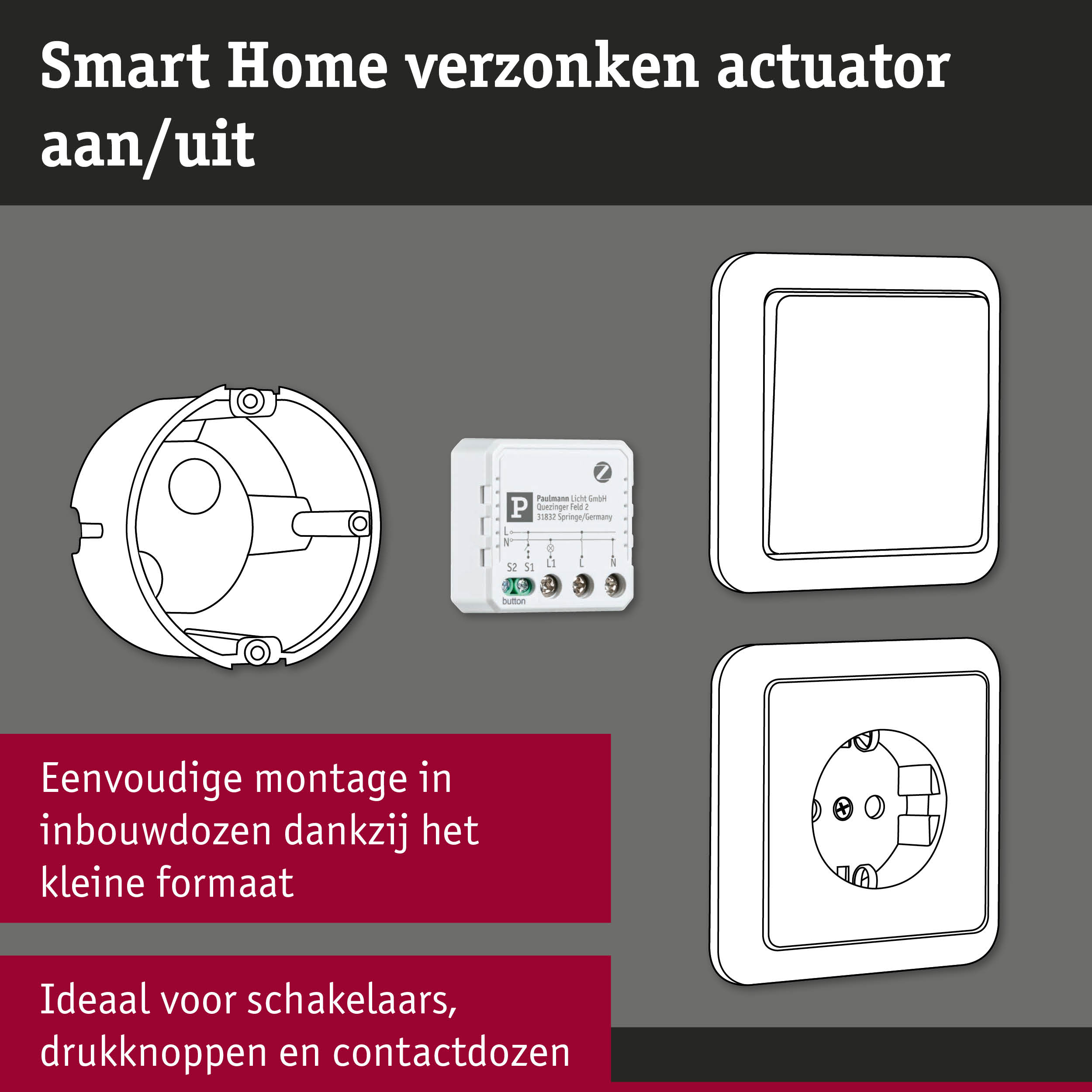 Smart Home verzonken actuator in wit met inbouwdoos en schakelraam voor eenvoudige montage