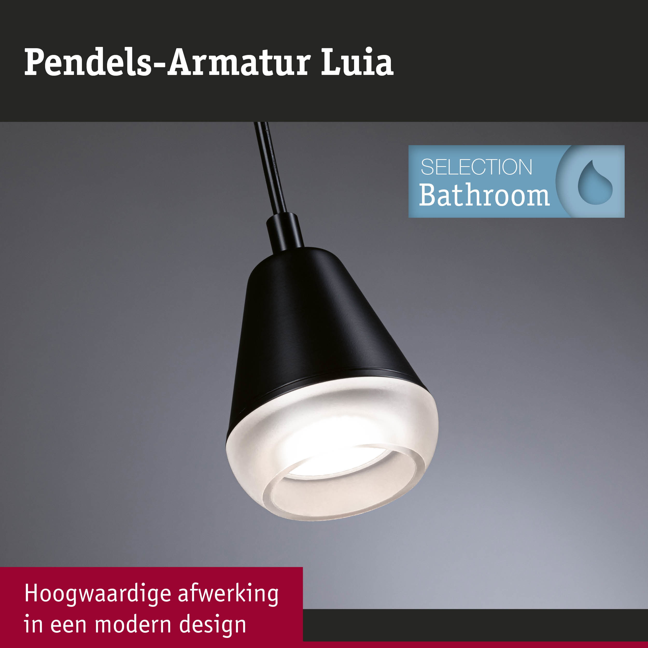 Zwarte pendelarmatuur Luia met wit licht voor modern badkamerontwerp