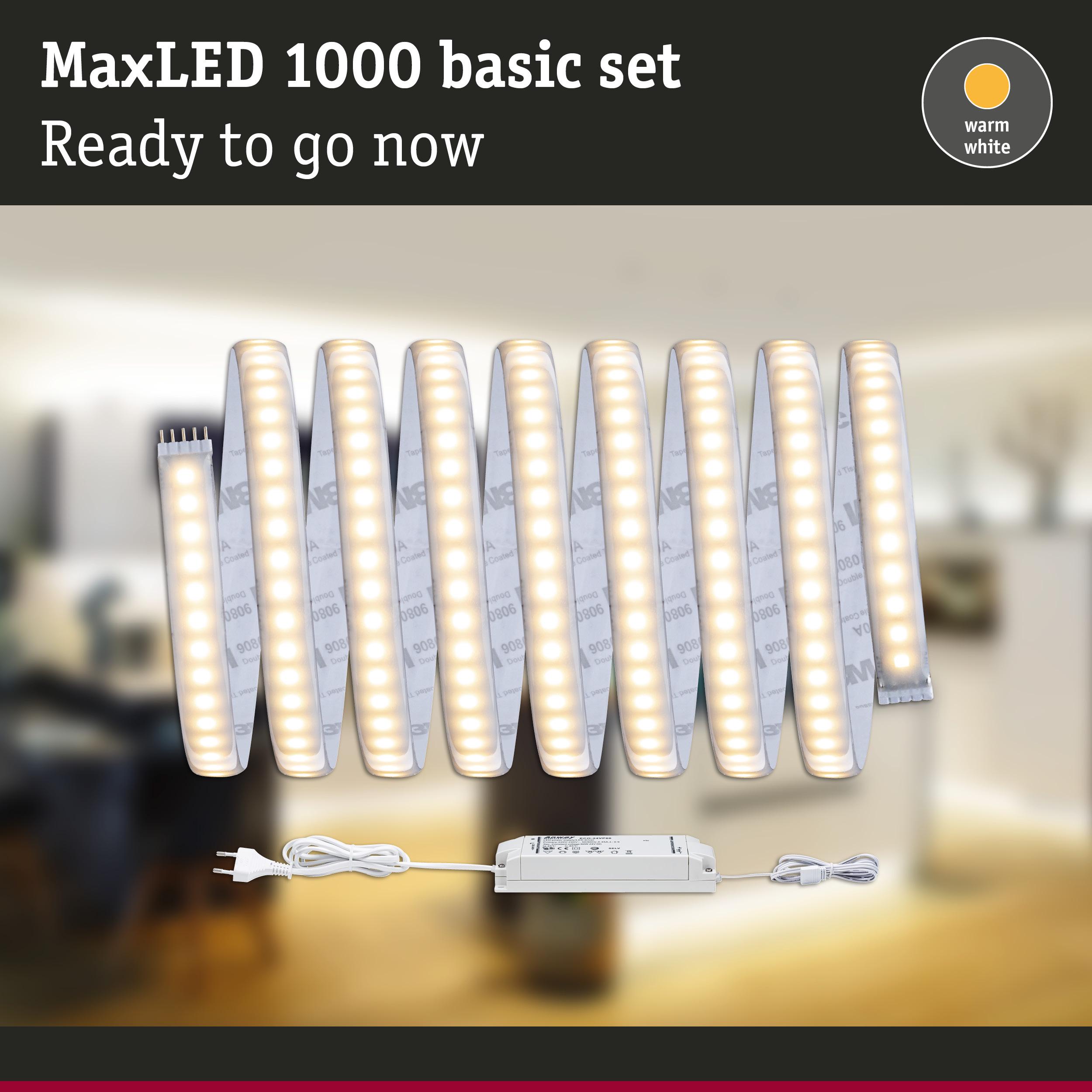 MaxLED 1000 warm white LED strip light with power supply for versatile home lighting