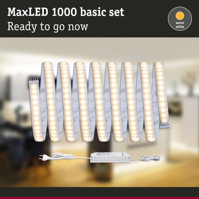 MaxLED 1000 warm white LED strip light with power supply for versatile home lighting