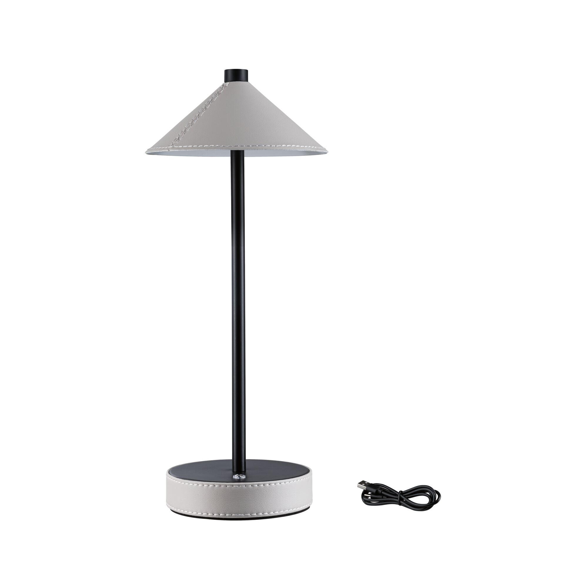 Modern table lamp with grey leather shade and black metal frame, includes USB charging cable