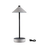 Modern table lamp with grey leather shade and black metal frame, includes USB charging cable