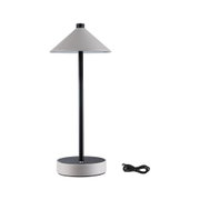 Moderne Tischlampe mit grauem Leder-Schirm und schwarzem Metallgestell, inklusive USB-Ladekabel