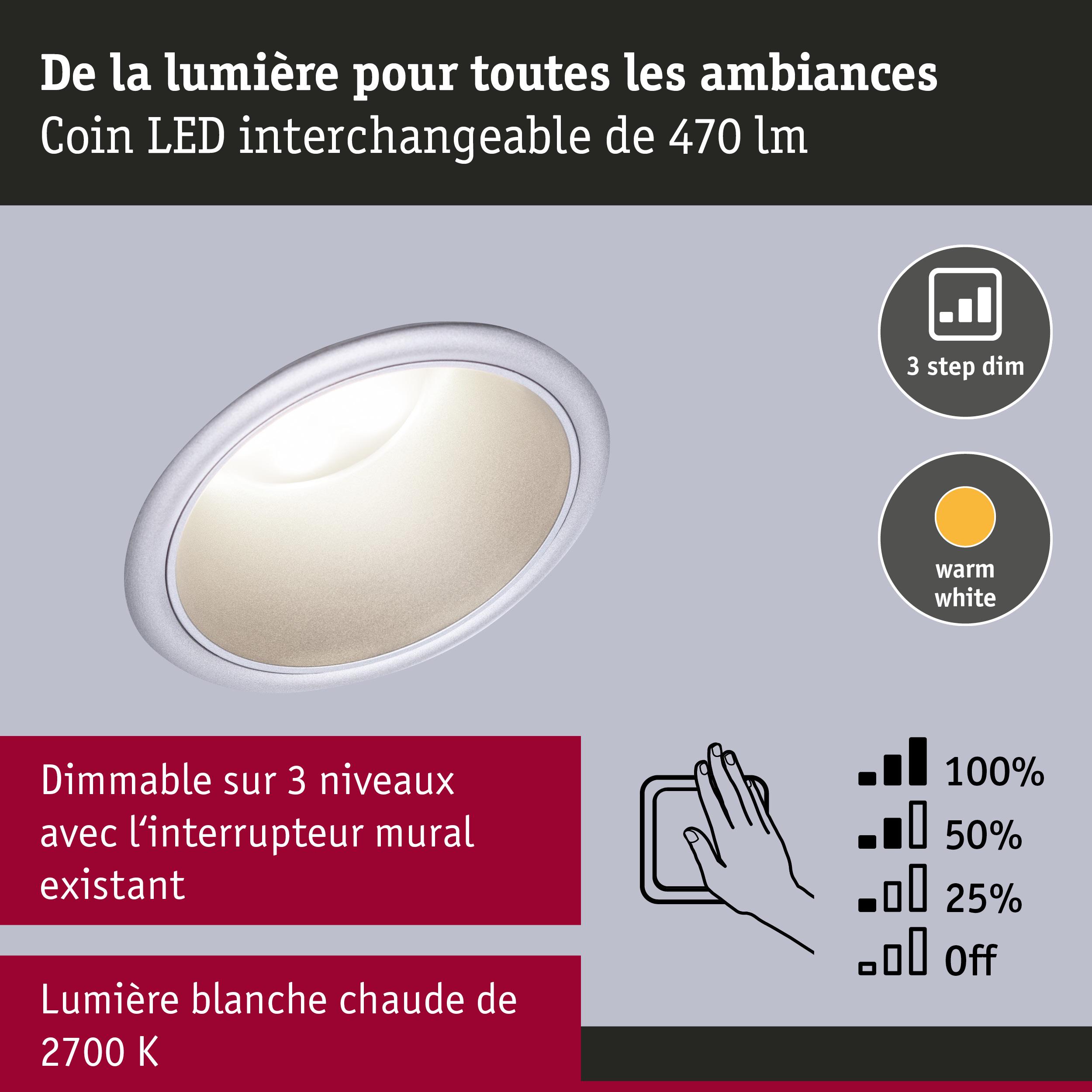 Spot LED encastré avec lumière blanc chaud 2700K et gradation en 3 niveaux via interrupteur mural