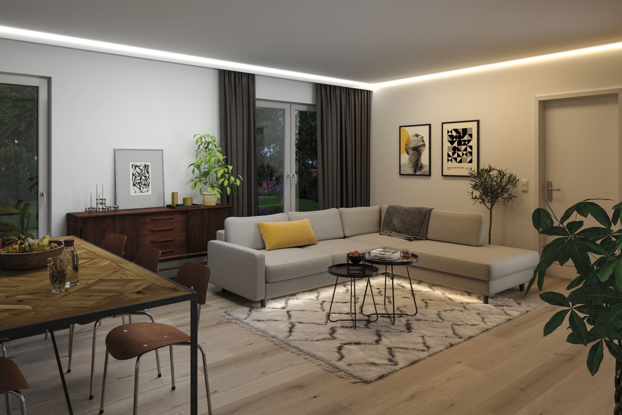 Moderne stue med gråt hjørnesofa, tæppe og indirekte LED-loftsbelysning for en hyggelig atmosfære
