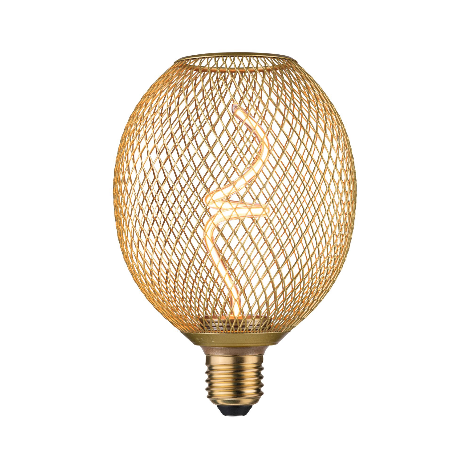 Metallic Glow 230 V Standard LED Globe 180lm 4W 1800K dimmable Brass Gold LED bulb with decorative wire mesh and spiral filament for ambient lighting and modern interior design