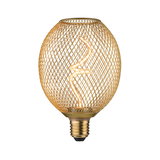 Gold LED bulb with decorative wire mesh and spiral filament for ambient lighting and modern interior design