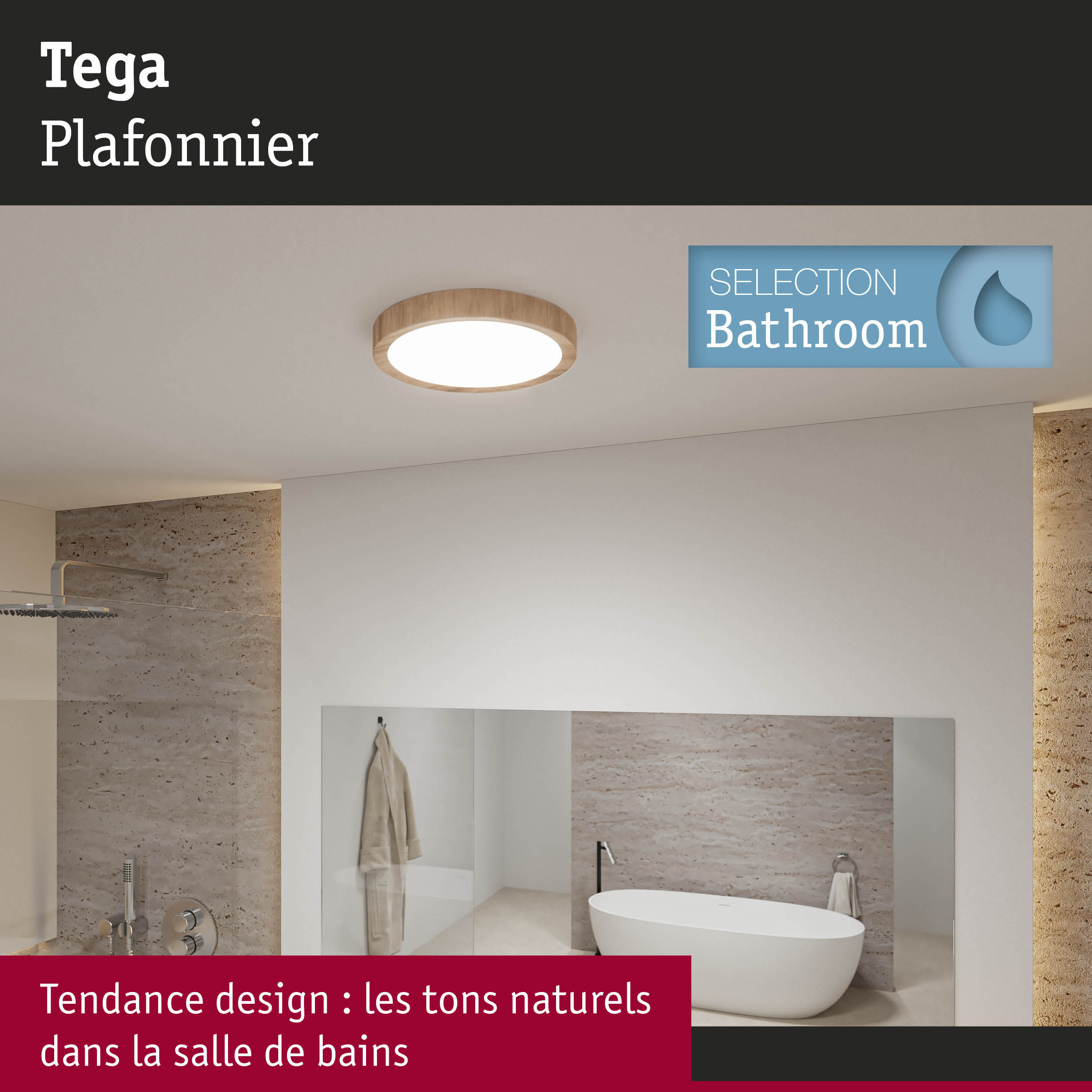 Plafonnier rond Tega avec cadre en bois aux tons naturels pour éclairage de salle de bain