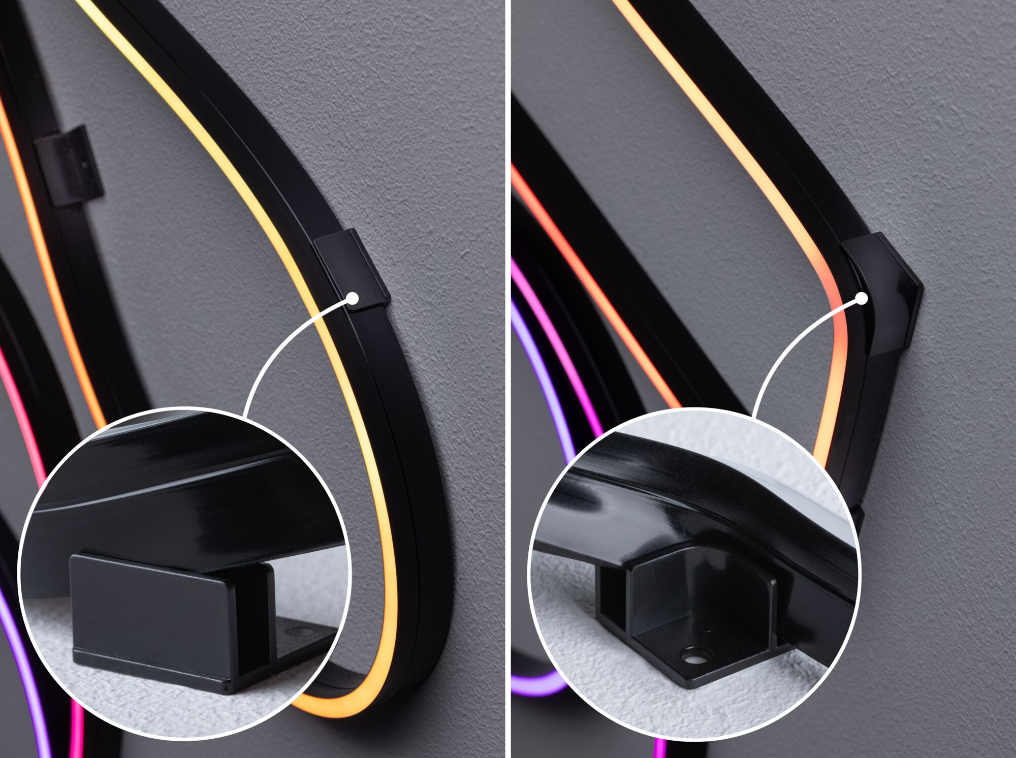 Zwarte LED-wandbeugels met gele, oranje en paarse neonbuizen voor moderne sfeerverlichting.