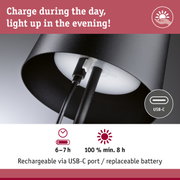 Black lamp with USB-C port and rechargeable battery, 6-7 hours charging, 8 hours lighting time