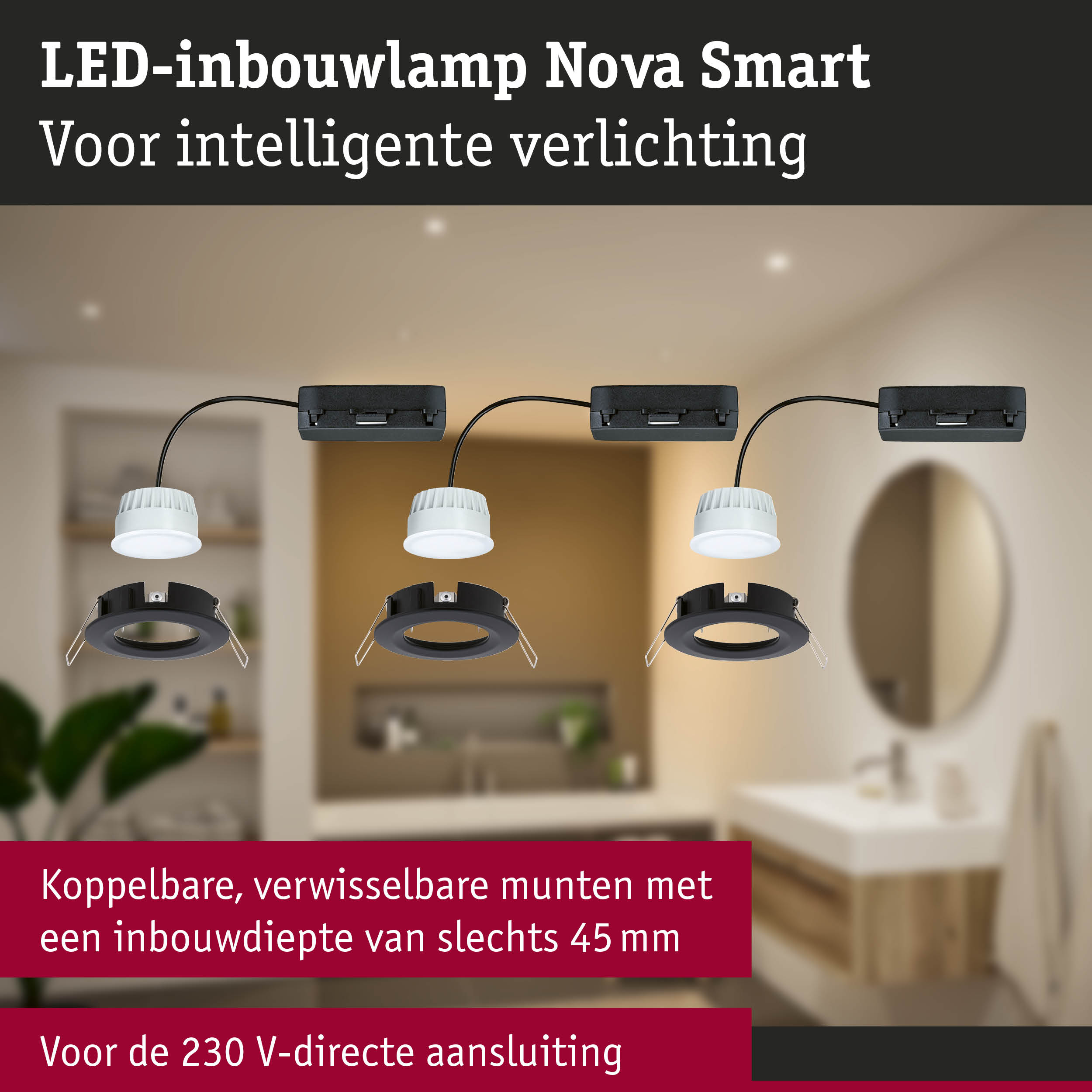 LED-inbouwlamp Nova Smart wit met zwarte rand voor slimme verlichting in huis