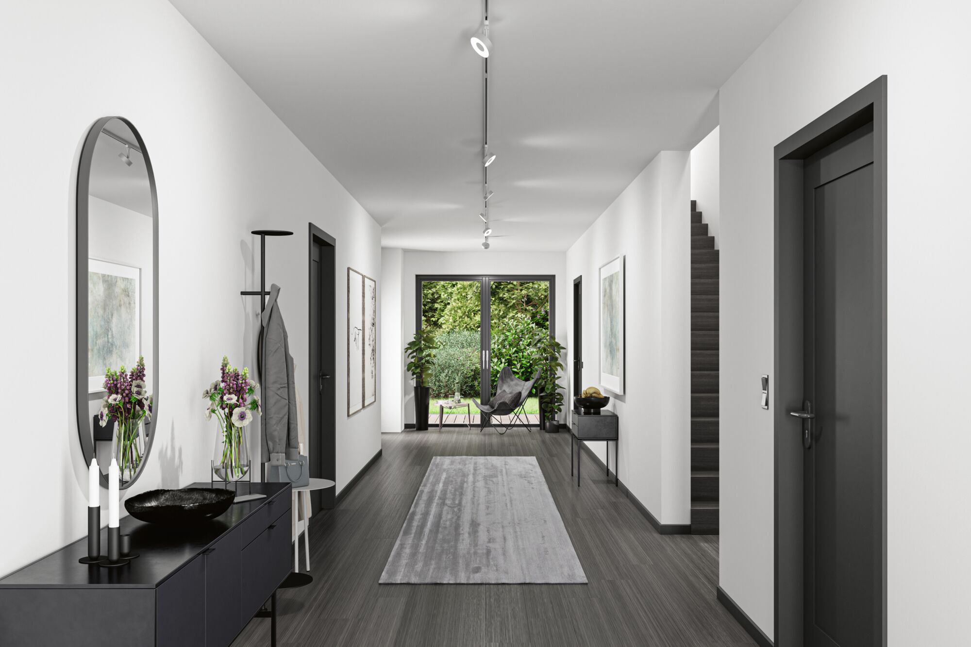 Modern hallway with grey wood flooring, white walls, and minimalist ceiling LED track lighting